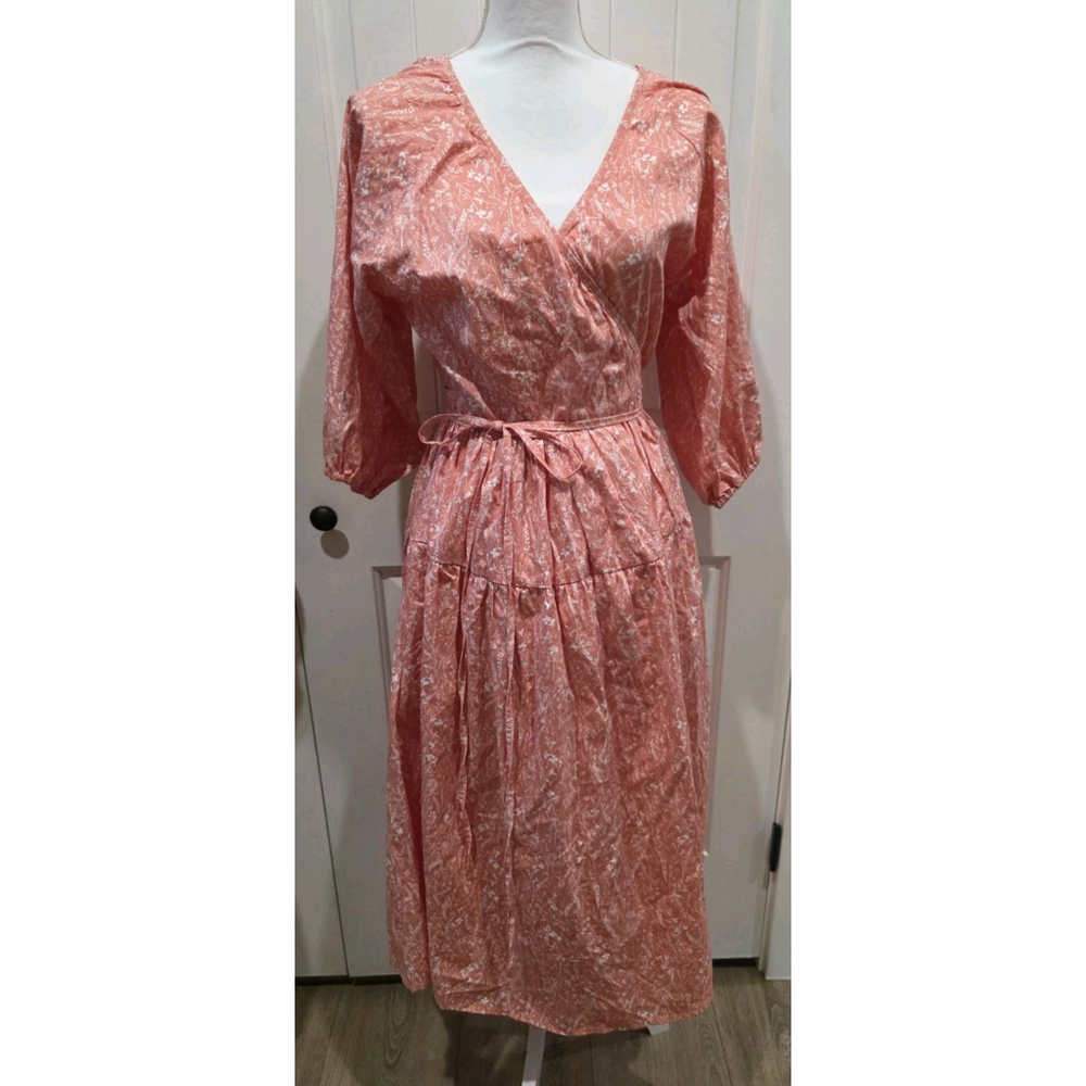 ELF Made By Hand Set Sail Puff Sleeve Wrap Cotton Midi Dress Floral Size M $182